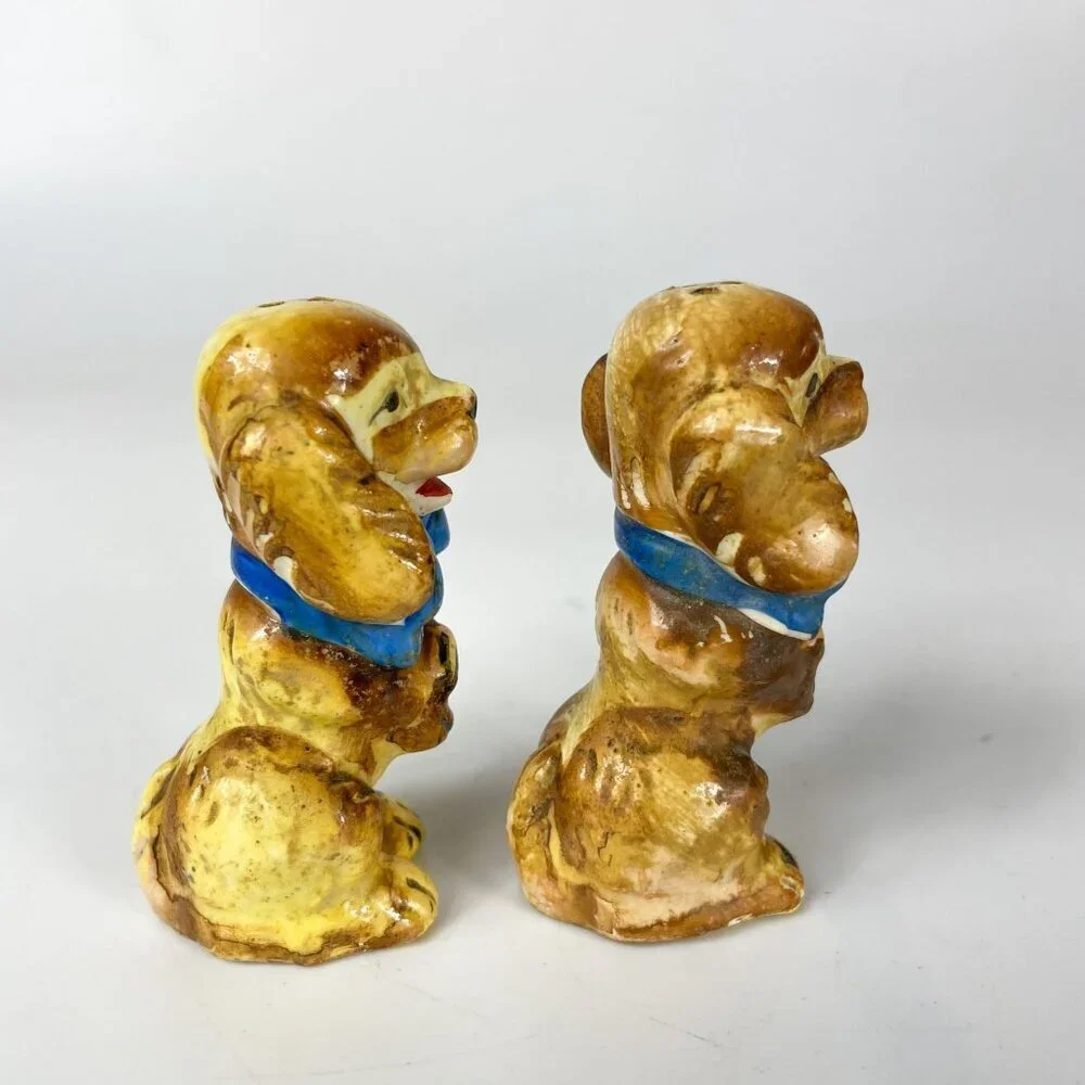 Vintage Ceramic Dog Spaniel Salt & Pepper Shakers  Blue Bows Japan 1950s